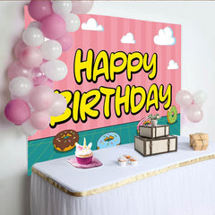 Lofaris Rosa Gestreift Happy Birthday Fotohintergrund Bunte Donuts Wolken Süßes Cartoon Deko