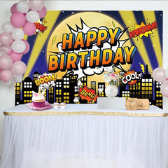 Lofaris Pop Art Happy Birthday Fotohintergrund Comicbuch Stadt Skyline Mond Feier Party Deko