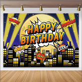 Lofaris Pop Art Happy Birthday Fotohintergrund Comicbuch Stadt Skyline Mond Feier Party Deko