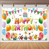 Lofaris Farbenfroher Happy Birthday Partyhintergrund mit Ballons, Geschenken und Kuchen, festliche Dekoration für Kinder