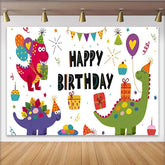 Lofaris Bunter fröhlicher Dinosaurier-Geburtstagspartyhintergrund für Kinder, mit Ballons, Geschenken und Cupcakes