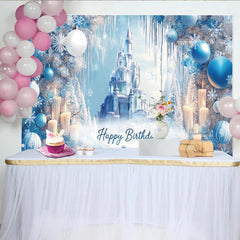 Lofaris Blauer Winterwunderland-Geburtstagshintergrund mit Schloss Happy Birthday, funkelnde Kulisse für Winterparty und Fotoshooting
