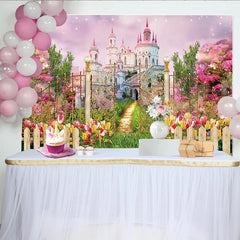 Lofaris Märchenschloss Garten Hintergrund mit goldenem Tor und rosa Blumen, zauberhafte Fotokulisse für Kinder und Fotoshootings