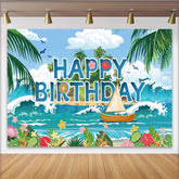 Lofaris Blauer Strand-Geburtstagshintergrund mit Happy Birthday und Palmen, lebendige Kulisse für sommerliche Feiern und Fotostudio-Dekoration