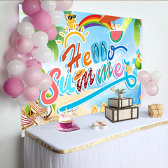 Lofaris Lebhafter Hello Summer Strand Fotohintergrund mit Palmen und Meer, fröhliche Kulisse für Sommerpartys und Urlaubsfotoshootings