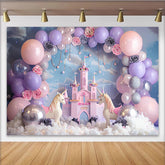 Lofaris Märchenhafter Einhorn-Geburtstagshintergrund mit rosa Schloss, Pastell Fotokulisse für Kinderparty und Fotoshooting