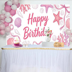 Lofaris Rosa Meerjungfrau Geburtstagshintergrund mit Happy Birthday Schriftzug, elegante Fotokulisse für Mädchenparty und Fotoshooting