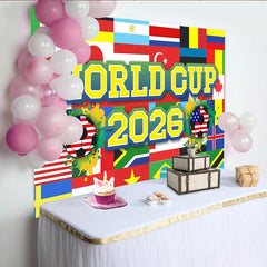 Lofaris Fußballturnier 2026 Hintergrund mit Flaggen und Bällen, farbenfrohe Sport-Kulisse für Fanpartys und Fotostudio-Dekoration
