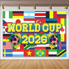 Lofaris Fußballturnier 2026 Hintergrund mit Flaggen und Bällen, farbenfrohe Sport-Kulisse für Fanpartys und Fotostudio-Dekoration