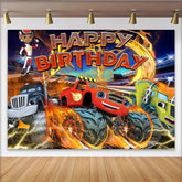 Lofaris Actionreicher Happy Birthday Monster-Truck-Geburtstagshintergrund für Jungen, lebendige Partykulisse für Kinderfeste und Fotoshootings