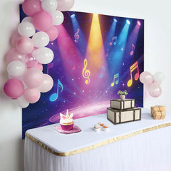 Lofaris Bunter Musik-Fotohintergrund mit leuchtenden Noten und Scheinwerfern, für Tanzpartys und Bühnenauftritte