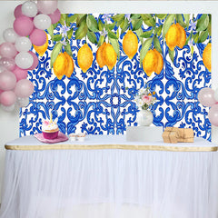 Lofaris Blau-weißer Zitronen-Kachelmuster Fotohintergrund mit mediterranem Design, elegante Kulisse für Sommerpartys und Fotoshootings