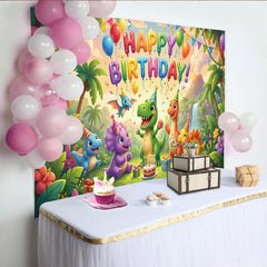 Lofaris Bunter Dinosaurier-Geburtstagshintergrund für Kinderparty, Dschungel-Fotokulisse mit Vulkan und Kuchen für tolle Kinderfotos