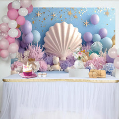 Lofaris Pastellfarbener Meerjungfrau Hintergrund mit Muscheln und Seesternen, elegante Fotowand für Babyfotoshooting und Kinderparty