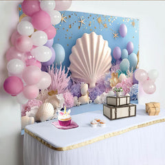 Lofaris Pastellfarbener Meerjungfrau Hintergrund mit Muscheln und Seesternen, elegante Fotowand für Babyfotoshooting und Kinderparty