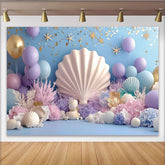 Lofaris Pastellfarbener Meerjungfrau Hintergrund mit Muscheln und Seesternen, elegante Fotowand für Babyfotoshooting und Kinderparty
