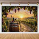 Lofaris Rustikaler Weinberg-Sonnenuntergang Fotohintergrund mit Weinfässern und Trauben, elegante Kulisse für Weinproben und Fotoshootings