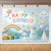 Lofaris Bunter Regenbogen Wolken Geburtstagshintergrund für Kinder mit Happy Birthday Schriftzug, fröhliche Partydekoration für Fotoshooting