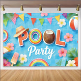 Lofaris Blauer Sommer Pool Fotohintergrund mit Wimpeln, bunte Kulisse für Fotoshootings und sommerliche Partydekoration