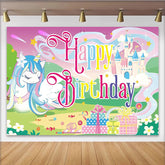 Lofaris Bunter Einhorn-Geburtstagshintergrund mit Märchenschloss und Happy Birthday, magische Fotowand für Kindergeburtstagsparty