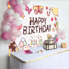 Lofaris Bunter Happy Birthday Party-Geburtstagshintergrund mit Luftballons und Kuchen, fröhliche Fotowand für Kindergeburtstage