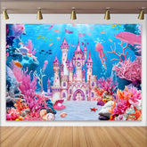 Lofaris Pinkes Prinzessinnen Unterwasser-Schloss Fotohintergrund für Mädchen, mit Korallen und Delfinen, magische Kulisse für Studio