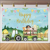 Lofaris Bunter Bauernhof-Geburtstagshintergrund mit Traktor und Tieren, festliche Fotowand für Kindergeburtstag und Fotoshooting
