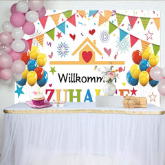 Lofaris Bunter Willkommens-Zuhause-Hintergrund mit Luftballons und Wimpeln, fröhliche Party Kulisse für Familienfeier und Fotostudio
