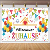 Lofaris Bunter Willkommens-Zuhause-Hintergrund mit Luftballons und Wimpeln, fröhliche Party Kulisse für Familienfeier und Fotostudio