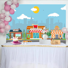 Lofaris Bunter Cartoon-Stadtlandschaft Hintergrund mit Supermarkt, Café und Autos, lebendige Fotokulisse für Kinderpartys und Events