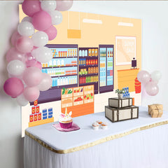 Lofaris Cartoon Supermarkt Fotohintergrund mit Regalen und Kasse, lustige Kulisse für professionelle Fotoshootings und Events