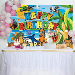 Lofaris Lustiger Strand-Geburtstagshintergrund mit Cartoon-Tieren, fröhliche Fotowand für Kinderpartys und Fotoshootings