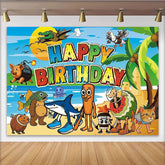 Lofaris Lustiger Strand-Geburtstagshintergrund mit Cartoon-Tieren, fröhliche Fotowand für Kinderpartys und Fotoshootings