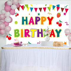 Lofaris Bunter Happy Birthday Fotohintergrund mit Girlanden und Früchten, fröhliche Kulisse für Kinderpartys und Fotoshootings