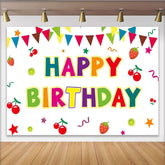 Lofaris Bunter Happy Birthday Fotohintergrund mit Girlanden und Früchten, fröhliche Kulisse für Kinderpartys und Fotoshootings