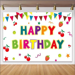 Lofaris Bunter Happy Birthday Fotohintergrund mit Girlanden und Früchten, fröhliche Kulisse für Kinderpartys und Fotoshootings