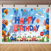 Lofaris Bunter Eisenbahn-Geburtstagshintergrund für Kinder mit Happy Birthday, fröhliche Partydekoration mit Luftballons und Regenbogen