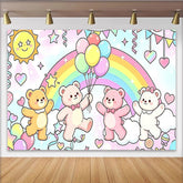 Lofaris Niedlicher Regenbogen Bären Geburtstagshintergrund für Kinder mit Pastellfarben, fröhliche Fotowand mit Luftballons für Partydekoration