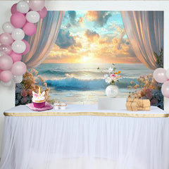 Lofaris Romantischer Strandhintergrund mit Sonnenuntergang, weißen Vorhängen und Blumen, elegante Kulisse für Hochzeitsfotografie