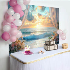 Lofaris Romantischer Strandhintergrund mit Sonnenuntergang, weißen Vorhängen und Blumen, elegante Kulisse für Hochzeitsfotografie