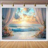 Lofaris Romantischer Strandhintergrund mit Sonnenuntergang, weißen Vorhängen und Blumen, elegante Kulisse für Hochzeitsfotografie