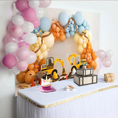 Lofaris Baustellen-Geburtstagshintergrund für Jungen mit Baggern und bunten Luftballons, fröhliche Fotokulisse für Kinderpartys