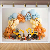 Lofaris Baustellen-Geburtstagshintergrund für Jungen mit Baggern und bunten Luftballons, fröhliche Fotokulisse für Kinderpartys