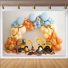 Lofaris Baustellen-Geburtstagshintergrund für Jungen mit Baggern und bunten Luftballons, fröhliche Fotokulisse für Kinderpartys