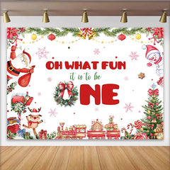 Lofaris Weihnachtsgeburtstagshintergrund zum 1. Geburtstag, festliche Kulisse mit Weihnachtsmann und Schneemann für Babys