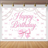 Lofaris Rosa Happy Birthday Geburtstagshintergrund für Mädchen, elegante Kulisse mit Perlen und Schleifen für Fotostudio