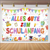 Lofaris Bunter Schulanfangshintergrund mit Schulbus für Kinder, farbenfrohe Fotowand für die Einschulungsparty