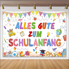 Lofaris Bunter Schulanfangshintergrund mit Schulbus für Kinder, farbenfrohe Fotowand für die Einschulungsparty