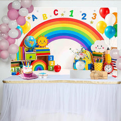 Lofaris Bunter Regenbogen-Schulhintergrund mit ABC und 123 Zahlen, fröhliche Fotowand für Kinder und Lernspiele