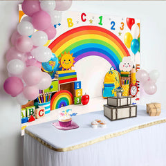 Lofaris Bunter Regenbogen-Schulhintergrund mit ABC und 123 Zahlen, fröhliche Fotowand für Kinder und Lernspiele